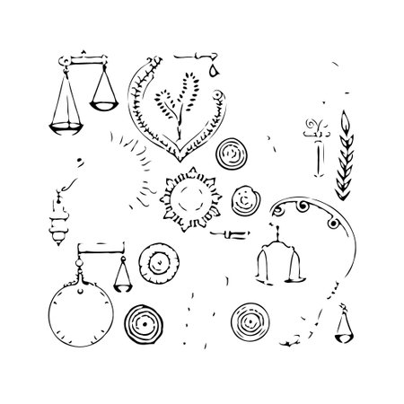 A compilation of sketched drawings featuring scales symbolizing balance and justice, celestial motifs like the sun, and stylized plant designs. Evoking a sense of esoteric harmony, theseのイラスト素材