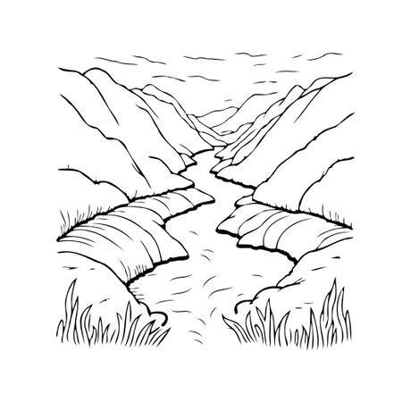 The illustration shows a river running between the mountains. The artwork depicts a calm and peaceful landscape, a drawing of the river flowing through the valley. With a minimalistic style, theのイラスト素材