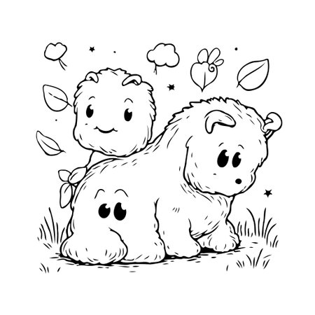 A delightful line art image featuring two fluffy, cartoon-like creatures amidst a whimsical landscape of stylized leaves, grass, clouds, and stars. The playful design evokes a sense of joy, perfectのイラスト素材