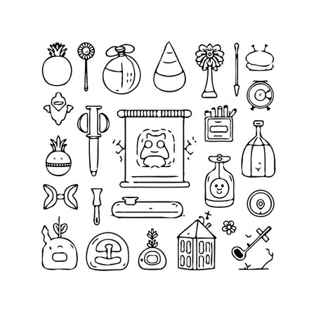 A delightful collection of hand-drawn doodles features various objects, from playful flowers and tiny houses to peculiar containers and everyday tools, rendered in a simple yet captivating sketchのイラスト素材