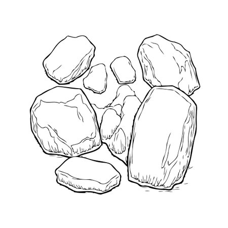 A detailed hand drawn monochrome illustration of various rocks and stones arranged in a geological formation. Perfect for educational material, geological studies, or as a design element for natureのイラスト素材