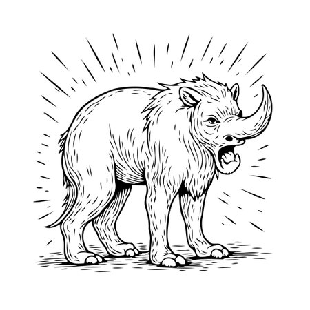 An imaginative monochrome rendition of a rhinoceros, meticulously detailed with expressive linework. The dynamic radiating lines evoke a sense of power and primal energy, conjuring up an intriguingのイラスト素材