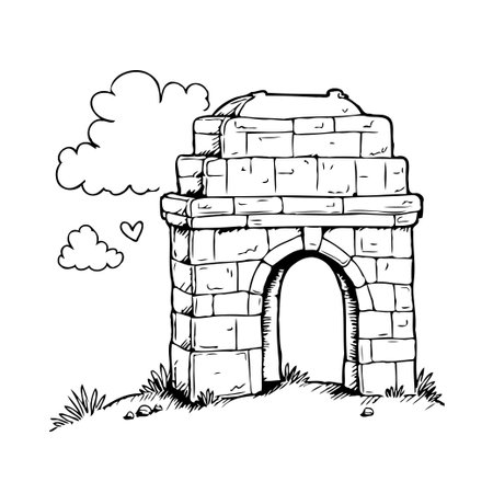 A monochrome illustration presents a meticulously drawn stone archway monument set against a simple white backdrop. The structure exhibits a unique, classical aesthetic complete with cloud details,のイラスト素材
