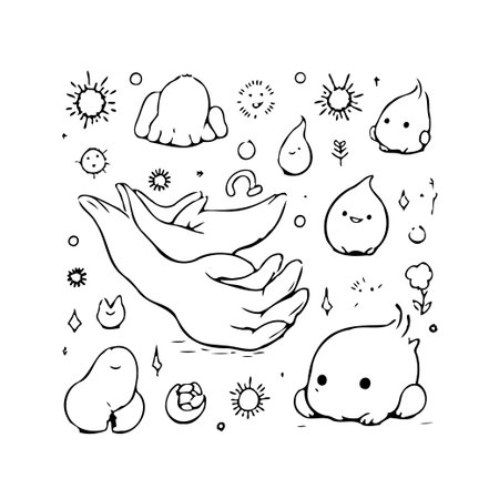 A hand-drawn doodle art showcases a welcoming hand, with delightful water drops, twinkling stars, and celestial elements adding a whimsical touch. Its simple black-and-white style creates a charmingのイラスト素材