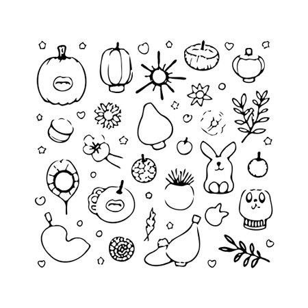 This adorable hand-drawn doodle collection captures the essence of the autumn harvest. Featuring pumpkins, flowers, bunnies, and various whimsical elements, this illustration is perfect for creatingのイラスト素材