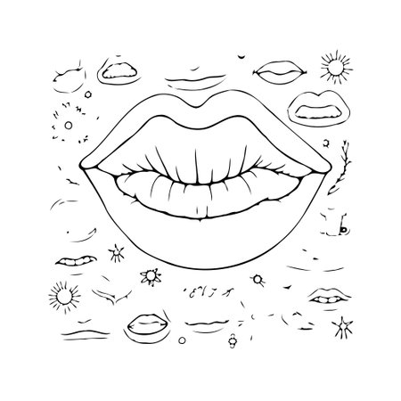 A hand-drawn style graphic art featuring a variety of lip shapes and expressions. It's a study in human facial features, rendered in simple black and white outlines with a decorative artistic touch,のイラスト素材