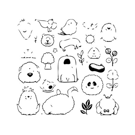 A charming compilation of imaginative sketches displaying diverse animals alongside natural elements crafted with simplistic linework that evokes a sense of playfulness, offering potential forのイラスト素材