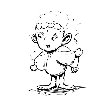 A hand-drawn cartoon character rendered in black and white ink offers a simple yet whimsical image. This unique illustration, isolated on a white background, presents a playful figure with a vintageのイラスト素材