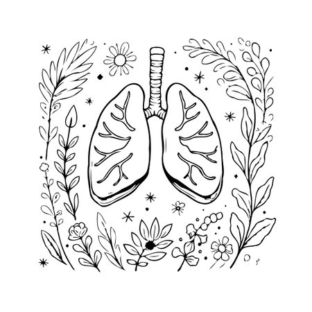 An artistic illustration depicting human lungs intertwined with floral elements, symbolizing the delicate connection between the respiratory system and the natural world. This detailed monochromeのイラスト素材