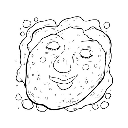 A whimsical monochrome illustration of an abstract face with closed eyes, conveying a sense of sleepiness. The rough circular shape is surrounded by small globules, adding to its playful nature. Theのイラスト素材