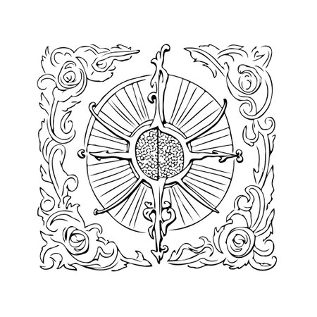 An ornate square design features a navigational compass encircled by a baroque-style floral frame. This vintage inspired graphic evokes maritime adventures, and historical exploration. Perfect forのイラスト素材