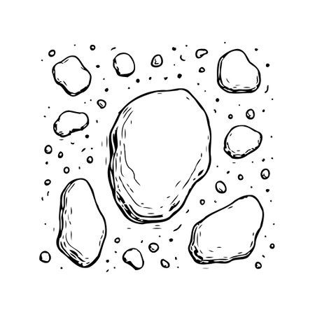 A collection of hand-drawn stones and pebbles is scattered on a plain background in a random pattern, providing a natural, organic feel that is ideal for visual embellishment of diverse designのイラスト素材