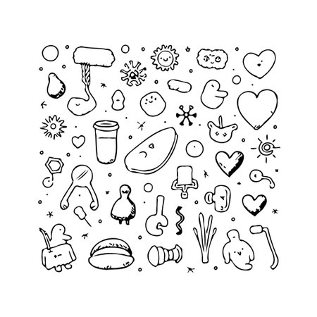 This whimsical doodle art features a diverse collection of hand-drawn elements, isolated on a clean white backdrop. Perfect for adding a touch of playful creativity to your designs, these quirkyのイラスト素材