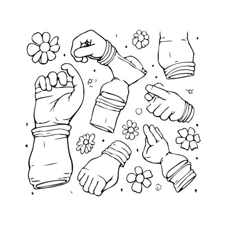 A charming illustration showcasing various hand gestures interspersed with delightful floral designs. This whimsical artwork combines the expressiveness of human hands with the gentle beauty ofのイラスト素材