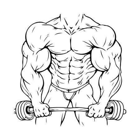 This monochrome illustration showcases a bodybuilder with a remarkably sculpted physique engaged in weightlifting, emphasizing strength, dedication, and the pursuit of peak physical condition. It'sのイラスト素材