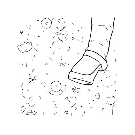 A stylized black and white illustration presents a boot stepping onto a surface adorned with floral and heart elements. The whimsical drawing style and delicate line work create a charming andのイラスト素材