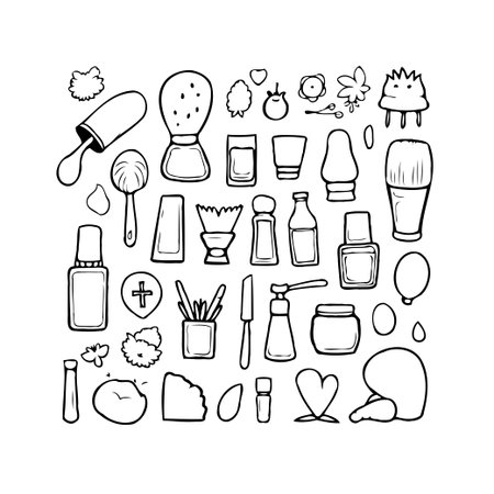 A collection of beauty and cosmetic products are illustrated in a simple doodle style. Ideal for blogs, design templates, or creative projects, the sketch-like quality adds a unique touch. Theのイラスト素材