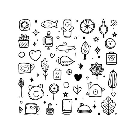 A delightful array of hand-drawn doodles captures a whimsical and lighthearted essence. Featuring a collection of everyday objects and playful symbols, this design exudes charm and artistry, makingのイラスト素材