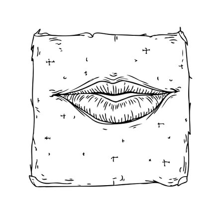 An isolated set of lips are creatively rendered on a textured square, serving as the canvas for an abstract exploration. The minimalist and monochromatic approach emphasizes the expressiveness ofのイラスト素材