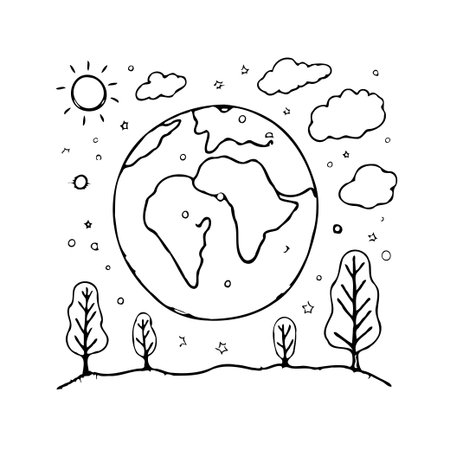 A whimsical illustration showcases earth surrounded by trees, clouds, and the sun. This artwork evokes a sense of ecological harmony and awareness, promoting the importance of protecting our planetのイラスト素材
