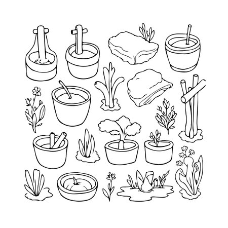 A line art illustration featuring an assortment of garden elements. The drawing captures a diverse range of plants, pots, and other decorative features often found in botanical settings. Perfect forのイラスト素材