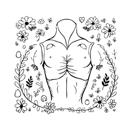 A stylized line drawing presents a male torso amidst a flurry of flowers and botanical elements. The artwork blends the strength of human form with the beauty of the natural world, rendered in aのイラスト素材