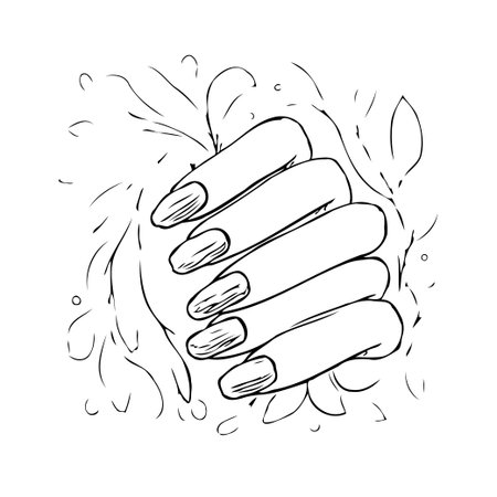 A captivating illustration presents a graceful hand with beautifully manicured nails, gently entwined with abstract floral accents. The linear style enhances its elegant feel, offering a simple yetのイラスト素材