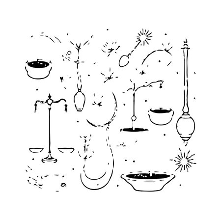 An arrangement of hand-sketched elements creates a dreamy and ethereal composition. Featuring celestial bodies, decorative vessels, and spiritual symbols, this minimalist piece evokes a sense ofのイラスト素材