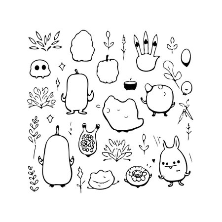 Delightful array of hand-drawn, quirky cartoon characters and stylized foliage elements forming a playful doodle collection. This imaginative illustration brings a touch of whimsy to designs,のイラスト素材