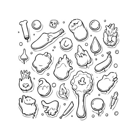 A playful arrangement of hand-drawn food doodles creating a whimsical and charming design. The black and white aesthetic enhances its versatility, suitable for backgrounds, decorative accents, orのイラスト素材