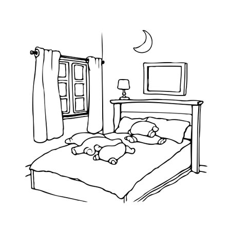 A hand-drawn sketch depicting a peaceful bedroom interior at night. The scene features a comfortable bed with inviting bedding, a window with curtains, and a crescent moon illuminating the quietのイラスト素材