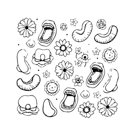This whimsical illustration features a playful scattering of hand drawn elements. Open mouths, cheerful flowers, and abstract organic shapes create a fun, lighthearted composition. Perfect forのイラスト素材