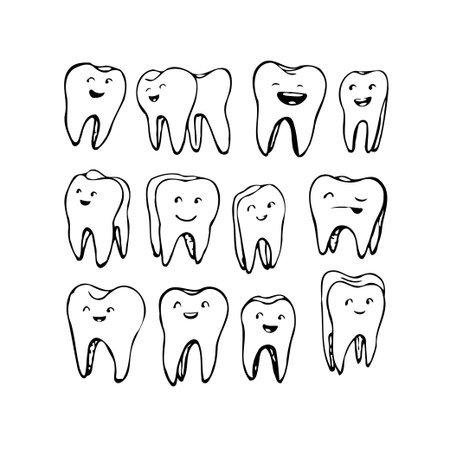 Collection of whimsical hand drawn teeth with charming faces, perfect for a dental health awareness campaign or educational program for children. This artwork embodies oral hygiene and makes dentalのイラスト素材