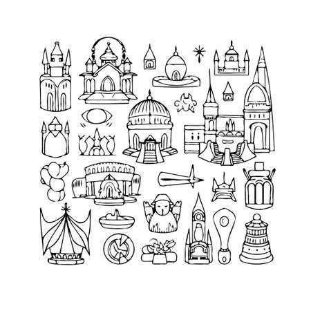 A charming monochrome drawing showcases a collection of unique fantasy architectural structures, rendered in a playful, hand-drawn style. These whimsical illustrations create a surreal landscape,のイラスト素材