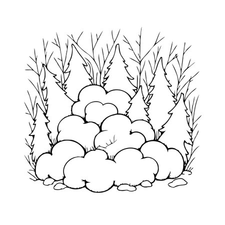 Monochrome line art showcases nature's forms: a grouping of stylized pine trees and round bushes against a simple backdrop. Perfect for coloring books, minimalist design projects, or decorativeのイラスト素材