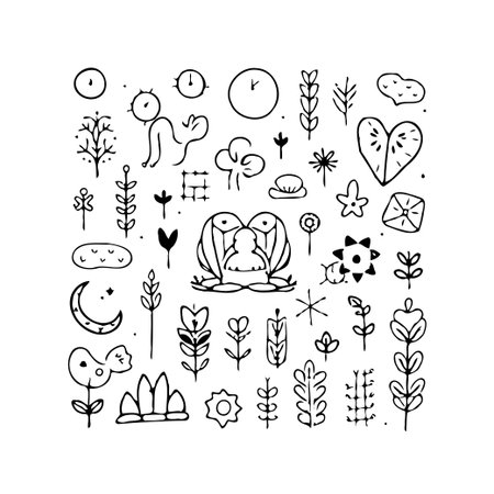 A charming collection of hand-drawn botanical elements. These whimsical drawings depict a variety of organic shapes and forms, perfect for adding a touch of nature-inspired elegance to any creativeのイラスト素材