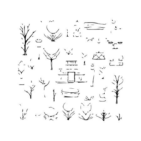 A black and white sketch presents a collection of architectural and natural elements with a rustic, whimsical charm. This illustration features detailed renderings of buildings, trees, andのイラスト素材