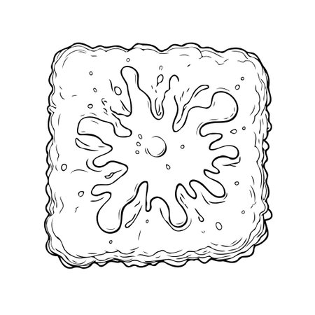 A monochrome illustration presents an abstract design: a textured square shape containing a dynamic liquid splash pattern in the center. This line art combines simplicity and artistry to create aのイラスト素材