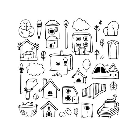 A delightful collection of hand-drawn houses and elements creates a whimsical village scene. The various architectural styles and playful designs give a charming look, inviting viewers to explore aのイラスト素材