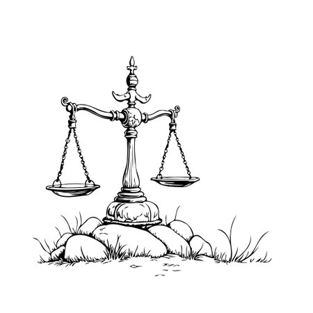An intricate drawing shows a balanced set of scales meticulously placed atop a cluster of rocks and some grass, suggesting themes of justice, fairness, and equilibrium. The black and white artworkのイラスト素材