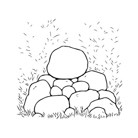A hand-drawn illustration presents a balanced pile of stones, evoking a sense of calmness and harmony. The monochromatic artwork emphasizes simplicity and tranquility through its organic forms andのイラスト素材