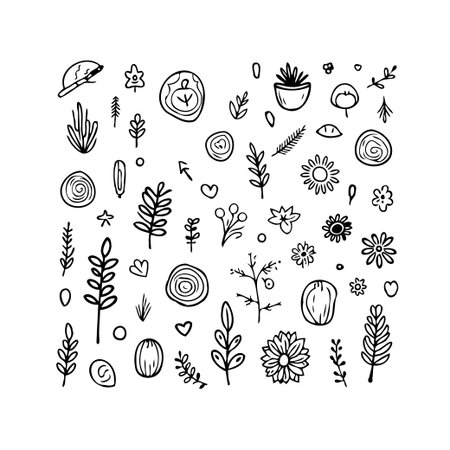 A collection of hand-drawn botanical elements, featuring simple floral designs and whimsical nature-inspired details. Ideal for creating unique invitations, scrapbook pages, or adding a touch ofのイラスト素材