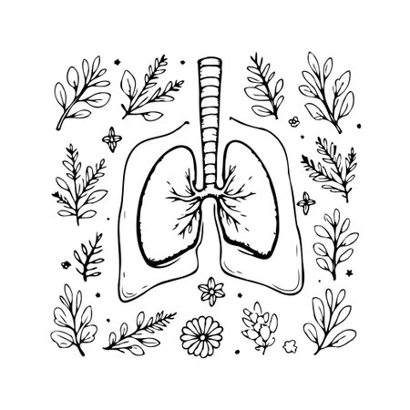 A detailed botanical illustration featuring human lungs surrounded by stylized leaves and blossoms....
