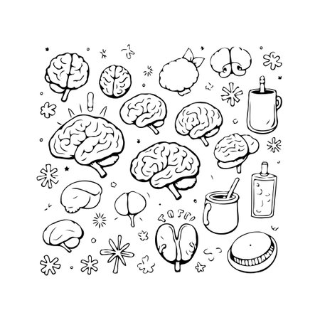 A playful and quirky doodle composition showcases an array of stylized brain illustrations, alongside various drinkware and miscellaneous abstract elements. This creative arrangement evokes themesのイラスト素材