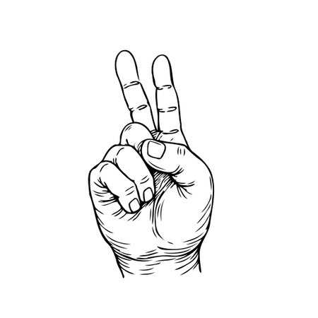 Monochromatic hand illustration depicting a peace or victory sign, symbolizing hope, agreement, and triumph. This minimalist design communicates a positive message of unity, success, andのイラスト素材
