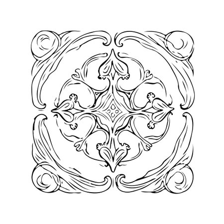 Stylized floral square design with elegant curling leaves and symmetrical bird motifs in a monochrome palette. Perfect for adding a touch of refined decoration to invitations, scrapbooks, orのイラスト素材