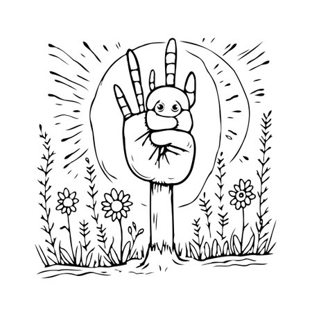 A hand making the peace sign holds a whimsical character with a gentle expression. Set against a backdrop of the sun, flowers and foliage, the black and white illustration emphasizes simplicity,のイラスト素材