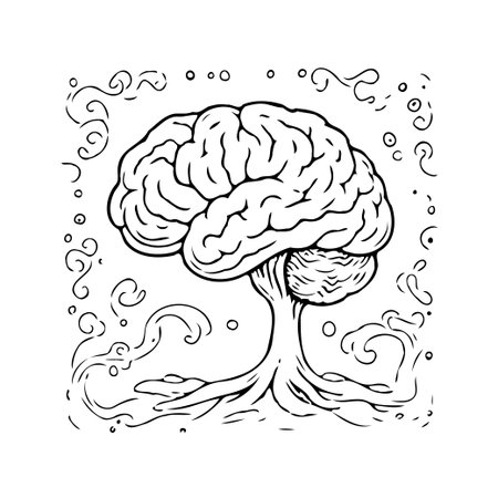 A detailed line art showcases a brain morphing into a tree, representing intellectual expansion. Roots signify foundation, while the tree embodies knowledge and development. Swirls around it evokeのイラスト素材