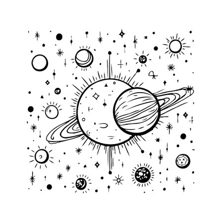A hand-drawn illustration features a prominent planet encircled by rings, accompanied by an assortment of celestial bodies such as stars and moons, all rendered in a stark black and white colorのイラスト素材