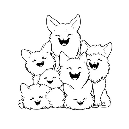 A cheerful gathering of fuzzy creatures are happily smiling. This whimsical design features adorable, cartoonish characters, perfect for a fun and imaginative illustration. The simple black andのイラスト素材